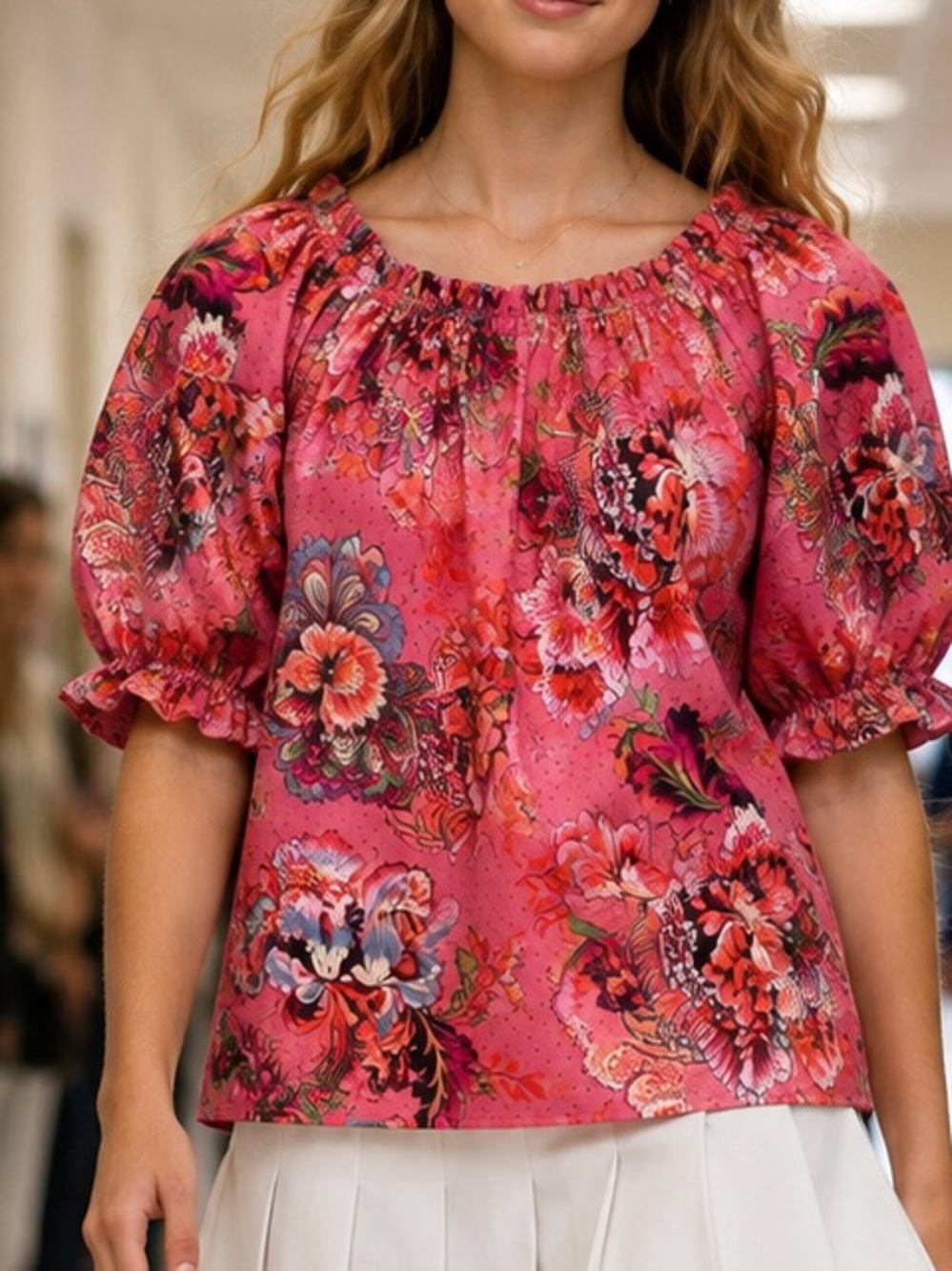 A Loves A Girls Coral Floral Cotton Peasant Blouse Size L NWT